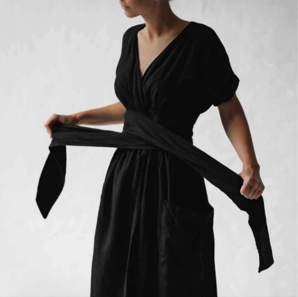 Linen Midi Wrap Dress Black Size Small - Picture 4 of 8